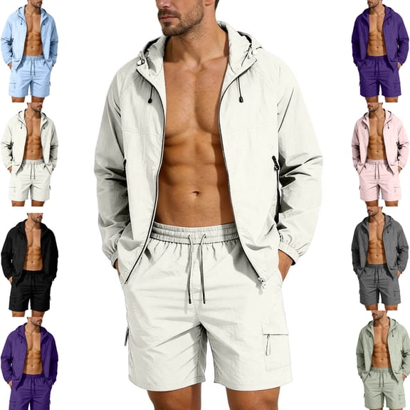 Gamivast Men's Outdoor 2 Piece Set Hooded Windbreaker Coat and Cargo Shorts Breathable Quick Dry Suit for Summer Hiking Camping Fishing Active Wear