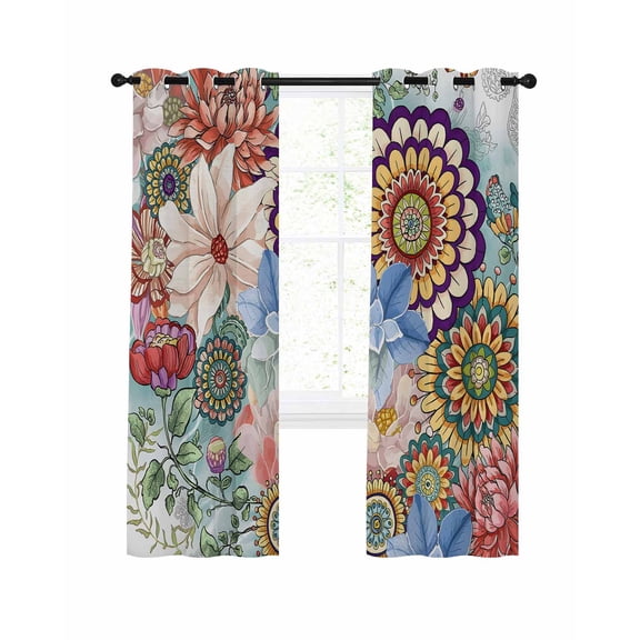Boho Floral Blackout Curtains 72 Inches Long for Bedroom, Bohemia Colorful Mandalas Botanical Flower Thermal Insulated Room Darkening Black Out Window Curtain Panels Grommet Drapes for Living Room