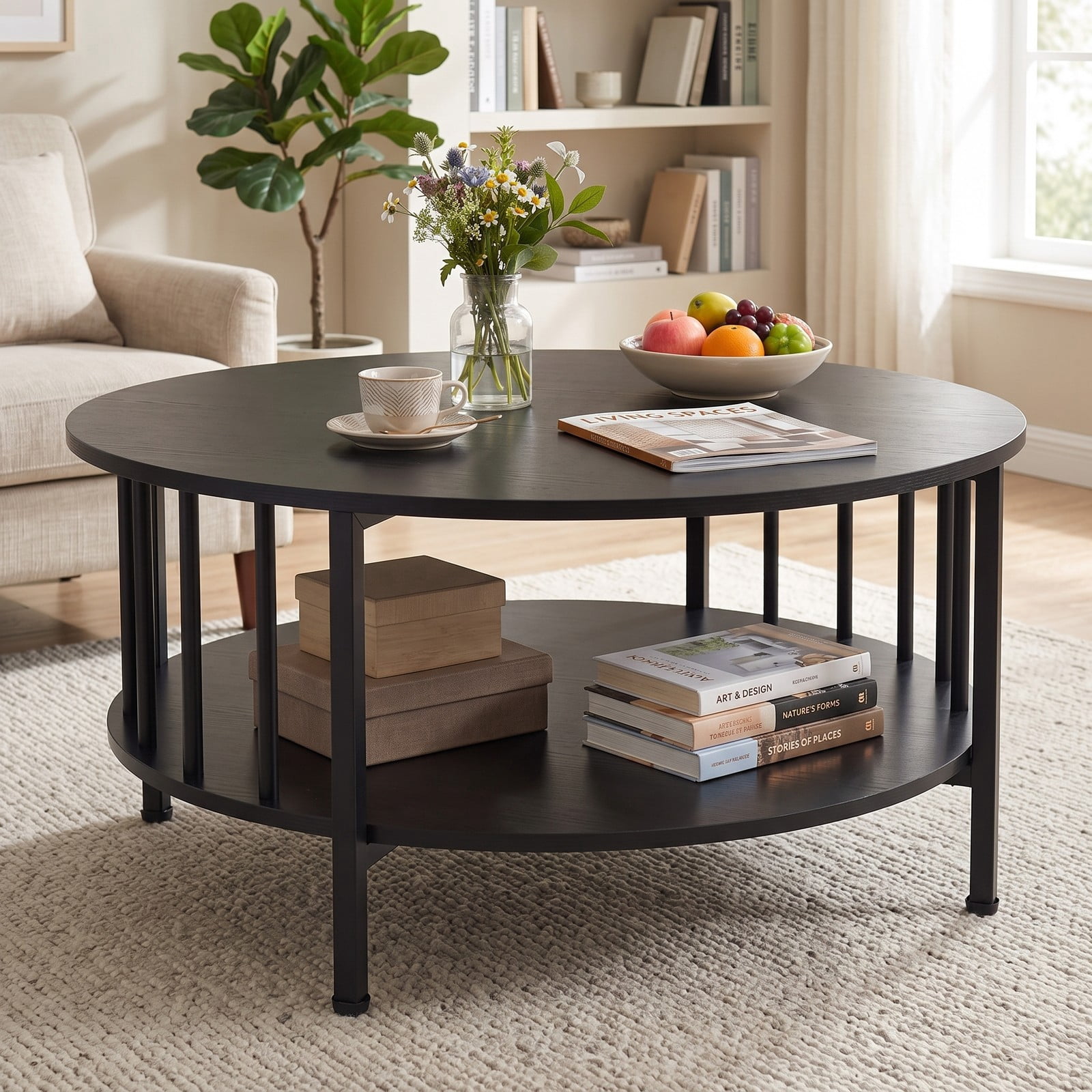 Furnibear 2-Tier Round Coffee Table with Storage Shelf, Engineered Wood Center Table with Metal Cross Frame and Picket Accents for Living Room, Black Walnut / Black