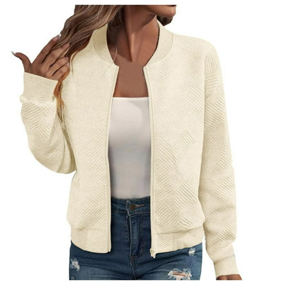 kamemir Women’s Casual Bomber Jacket Lightweight Long Sleeve Stand Collar Zip Up Jackets Coats(Beige,S)