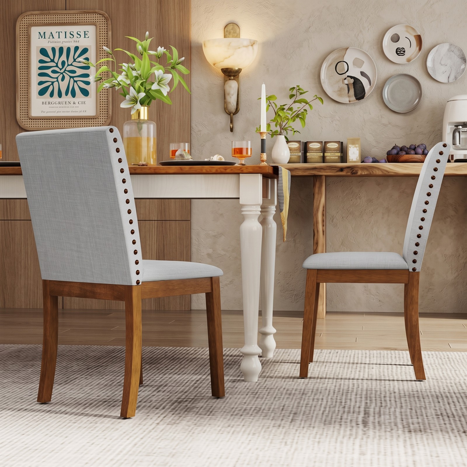 Furnibear Set of 2 Upholstered Dining Chairs, Rubber Wood Faux Linen Fabric Accent Side Chairs with Padded Seat and Nailhead Trim for Dining Room, Ash Gray & Walnut
