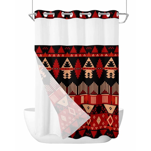 No Hook Cloth Fabric Shower Curtain with Snap in Liner, Red Black Boho Aztec Waterproof Shower Curtains Set with See Through Top Window, Vintage Ethnic Abstract Geometric Bath Curtains Shower 48"x72"
