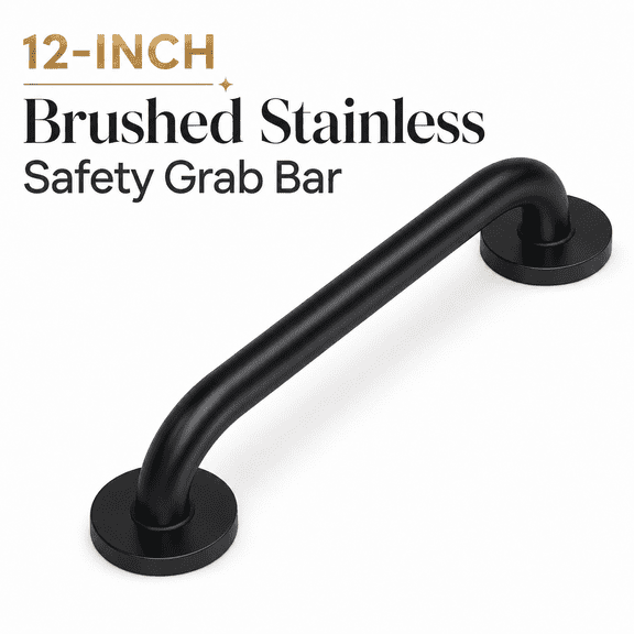 TAVENE Black Stainless Steel Bathroom Safety Grab Bars, 12" L x 1" D, Thickened Bar Bigger Base Holds 500LBS, Anti Slip Shower Grab Bars for Seniors, Bath Safety Grab Bar for Needy