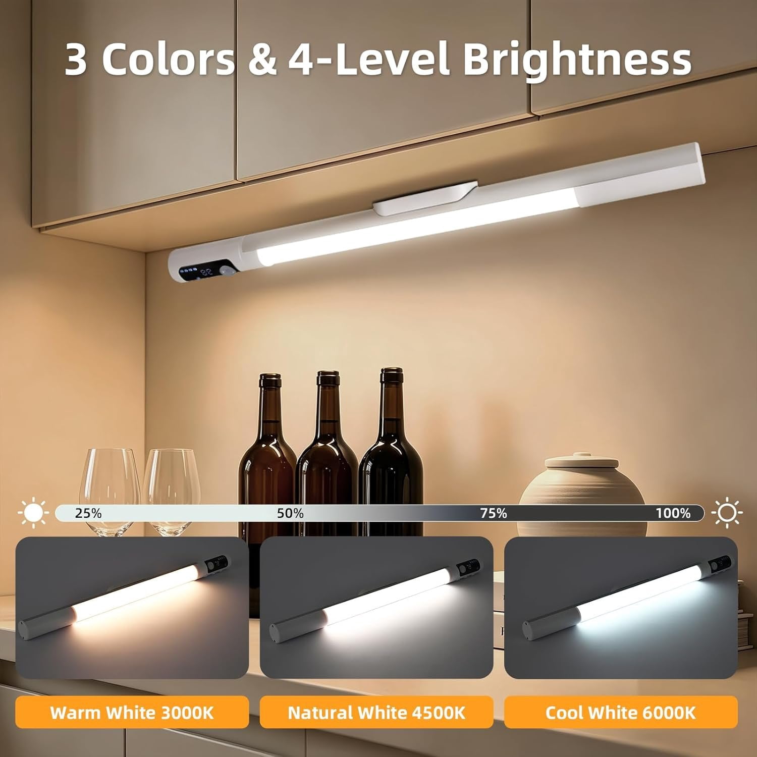 15.2" 2 Pack Motion Sensor Under Cabinet Lighting with Digital Display, 4 Brightness & 3 Color Temperatures, Rechargeable Led Under Cabinet Lights for Closet Cabinet Bedroom Hallway