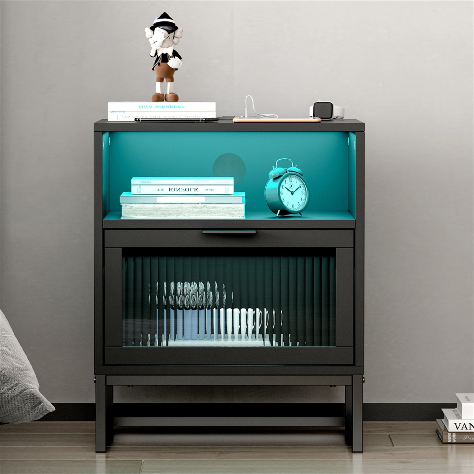 Resenkos Modern Nightstand with Charging Station and LED Lights Glass Drawer, Black