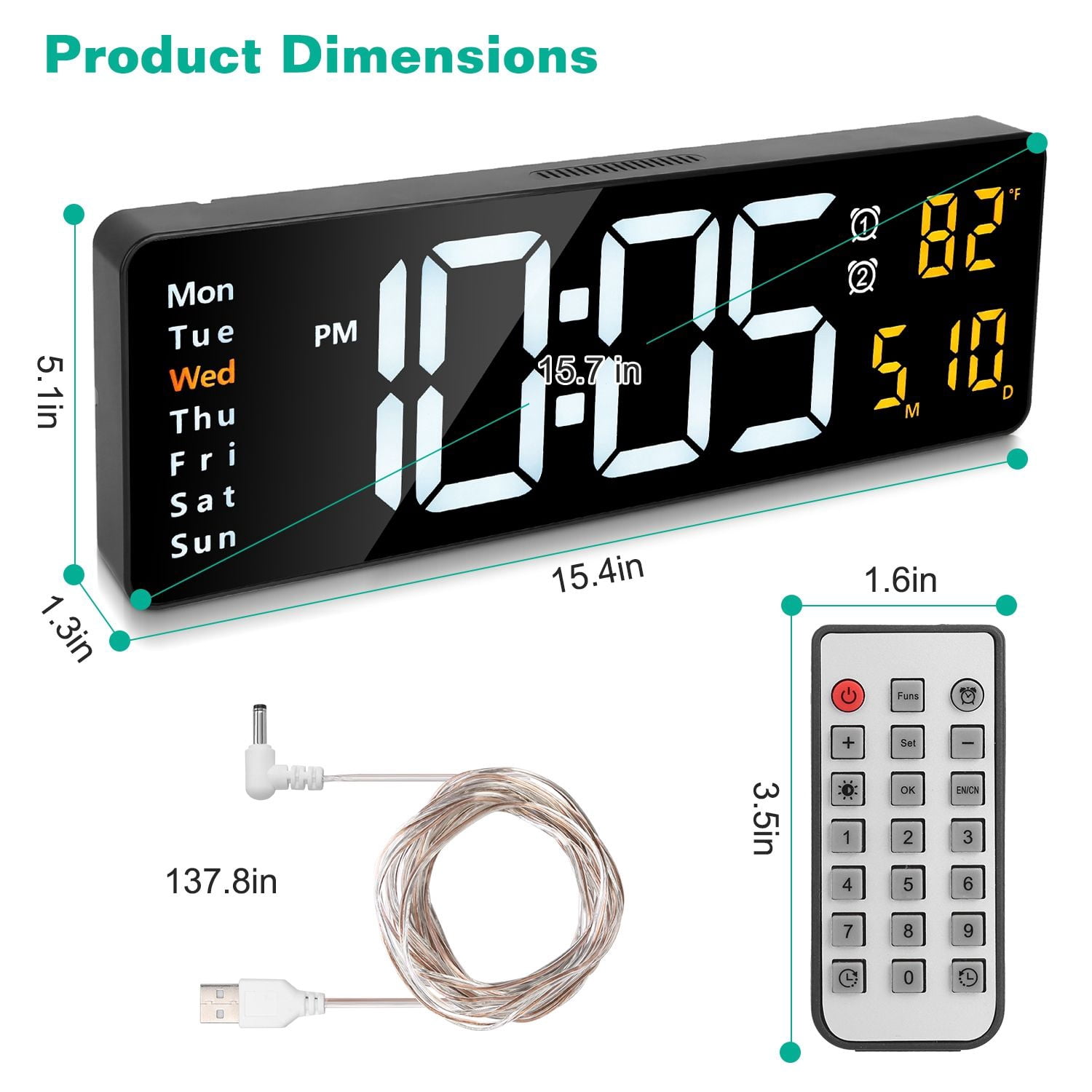 15.7in LED Digital Wall Clock with Remote Control, 10 Level Brightness 3 Alarm Settings 12/24Hr Format Timing Countdown Temperature Calendar Display Decorative Clock For Office Home