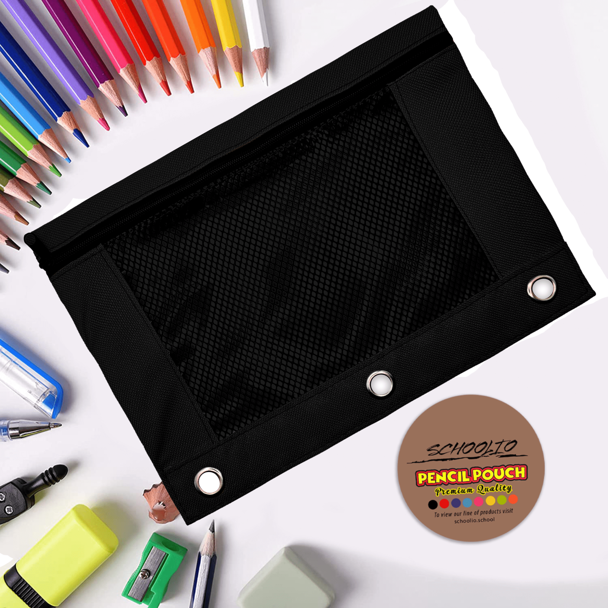Schoolio 30 Pack Black Pencil Case for Kids Zipper Pencil Pouch for 3 Ring Binder