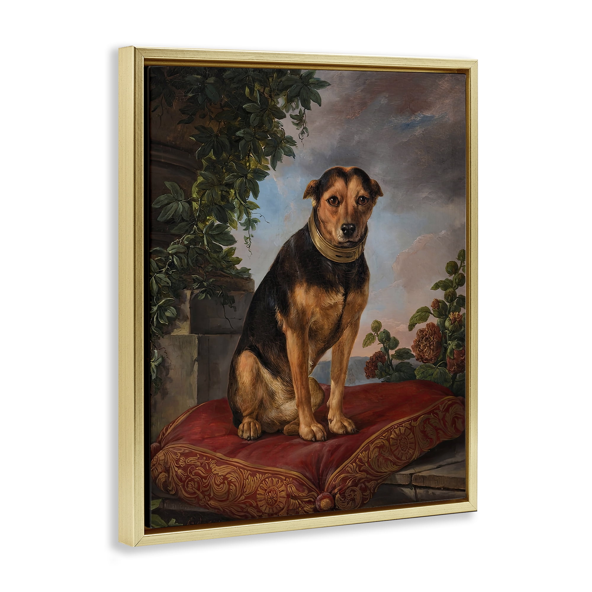 Stupell Industries Historical Dog on Cushion Gold Framed Floater Canvas Wall Art, design by Lil' Rue