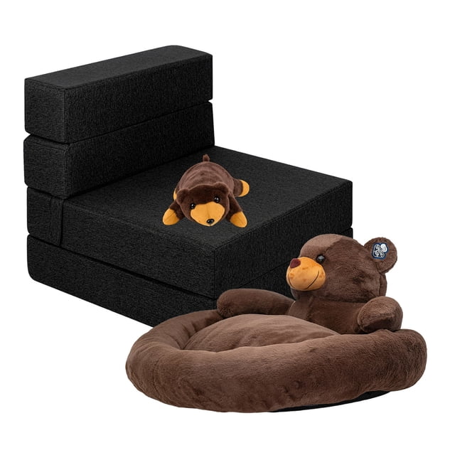 Sillón Plegable Individual Gris Oxford + Cama para Perro y Peluche de Oso