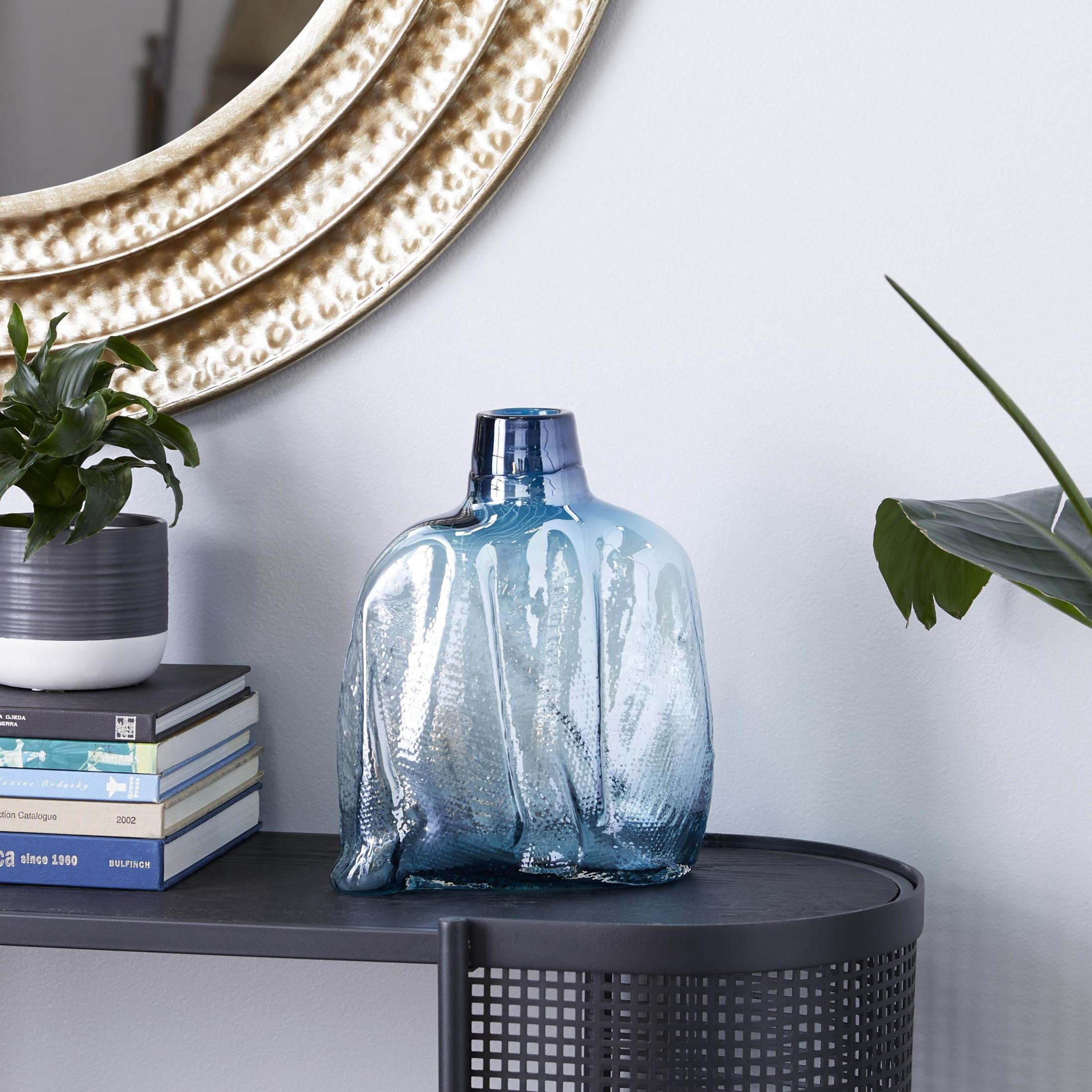 DecMode 12" Abstract Handmade Blown Blue Glass Vase