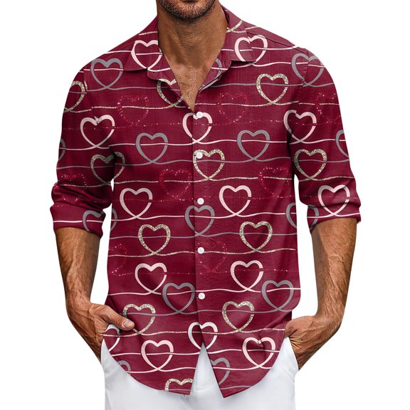 Valentine's Day Shirt for Men Heart Pattern Long Sleeve Beach Button Down Blouses Summer Beach Dressy Valentines Shirts
