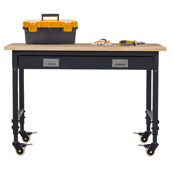 Adjustable Workbench 48x24 Inch – Heavy Duty Garage Workbench with Drawer, Pegboard, Power Outlets, Rolling Wheels & Flat Feet for Workshop Tool Chest