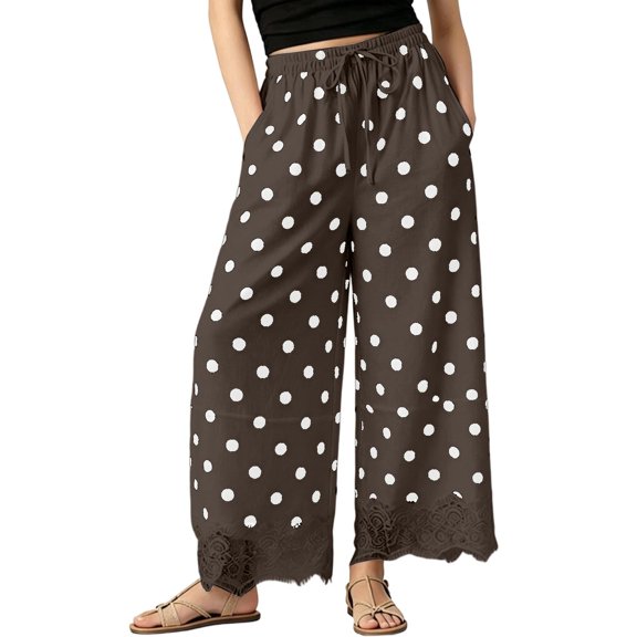 Lace Wide Leg Pants for Women 2026 Spring Summer Cropped Lightweight Casual Pants with Pockets
