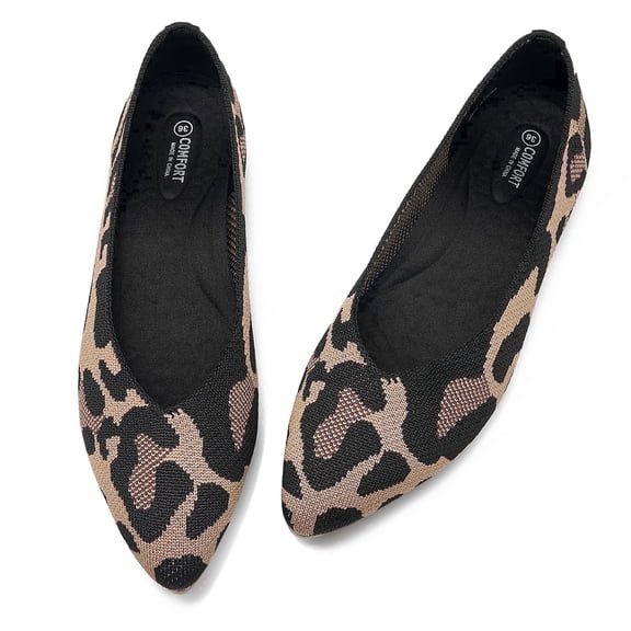 LANCROP Women's Leopard Knit Ballet Flats, Slip On Soft Breathable Foldable Machine Washable Casual Walking Loafers