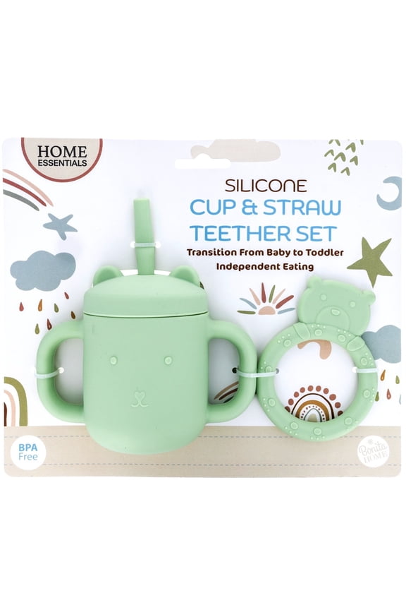 2pc Food Grade Silicone Sippy Cup and Straw Teething Toys Set Baby Feeding Essentials, Ages One and Up, Pastel Green