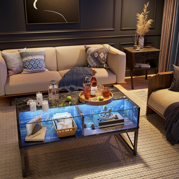 Bestier 42 inch Glass Coffee Table with LED Light & Storage for Living