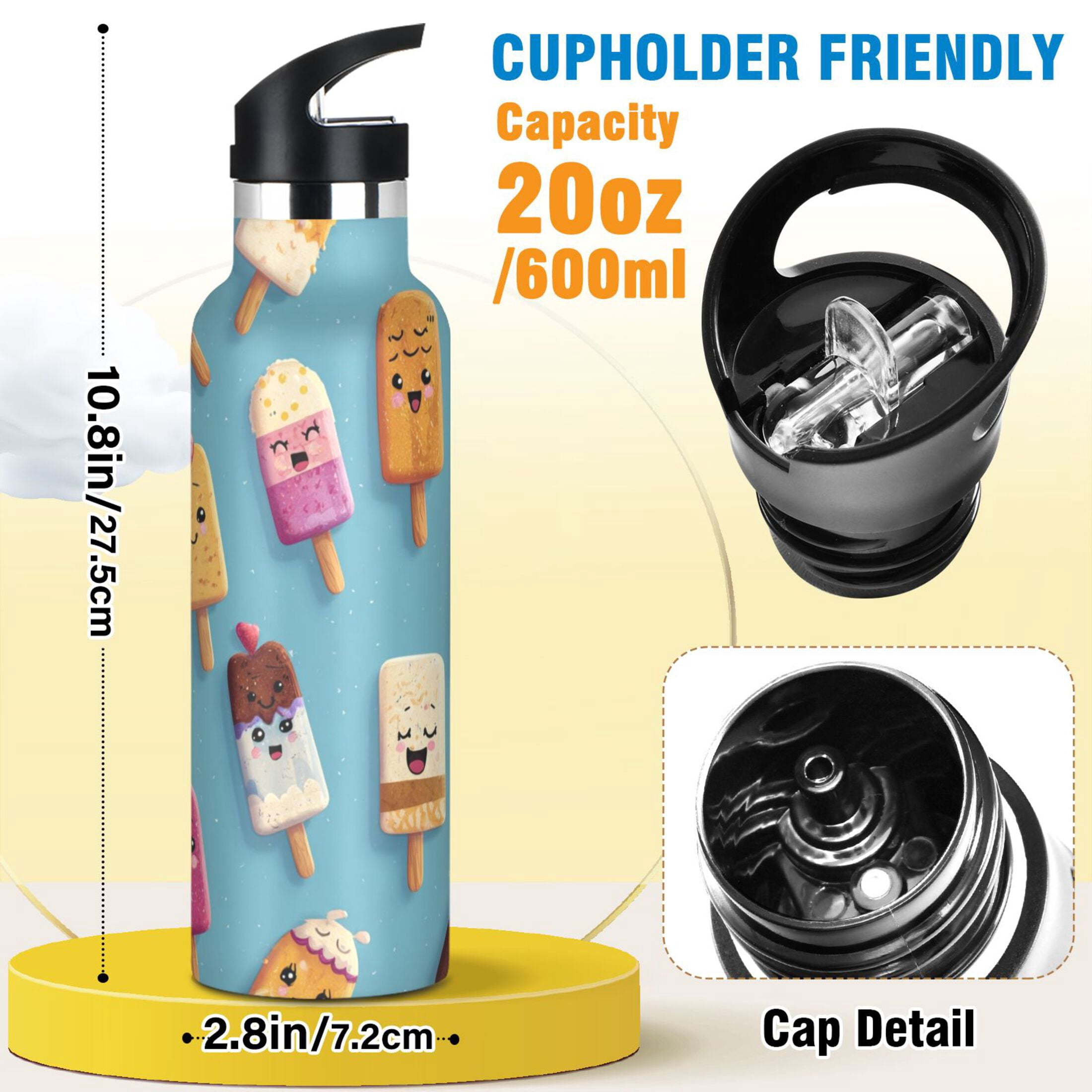 Kids Insulated Stainless Steel Sports Water Bottle 600ml Cute Various Colors Popsicles