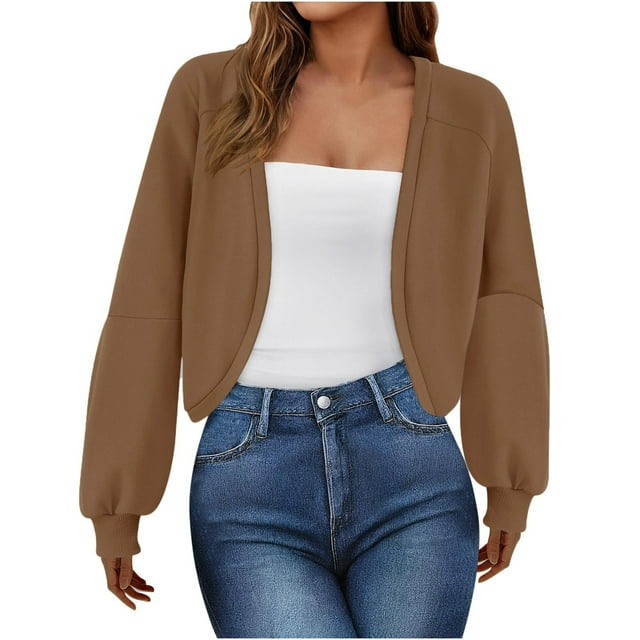 Jamicy Crop Jackets For Women Gift For Mom Women's Cropped Cardigan Fall Open Front Long Sleeve Oversized Sweatshirt Shrugs Solid Color Crop Jackets For Women
