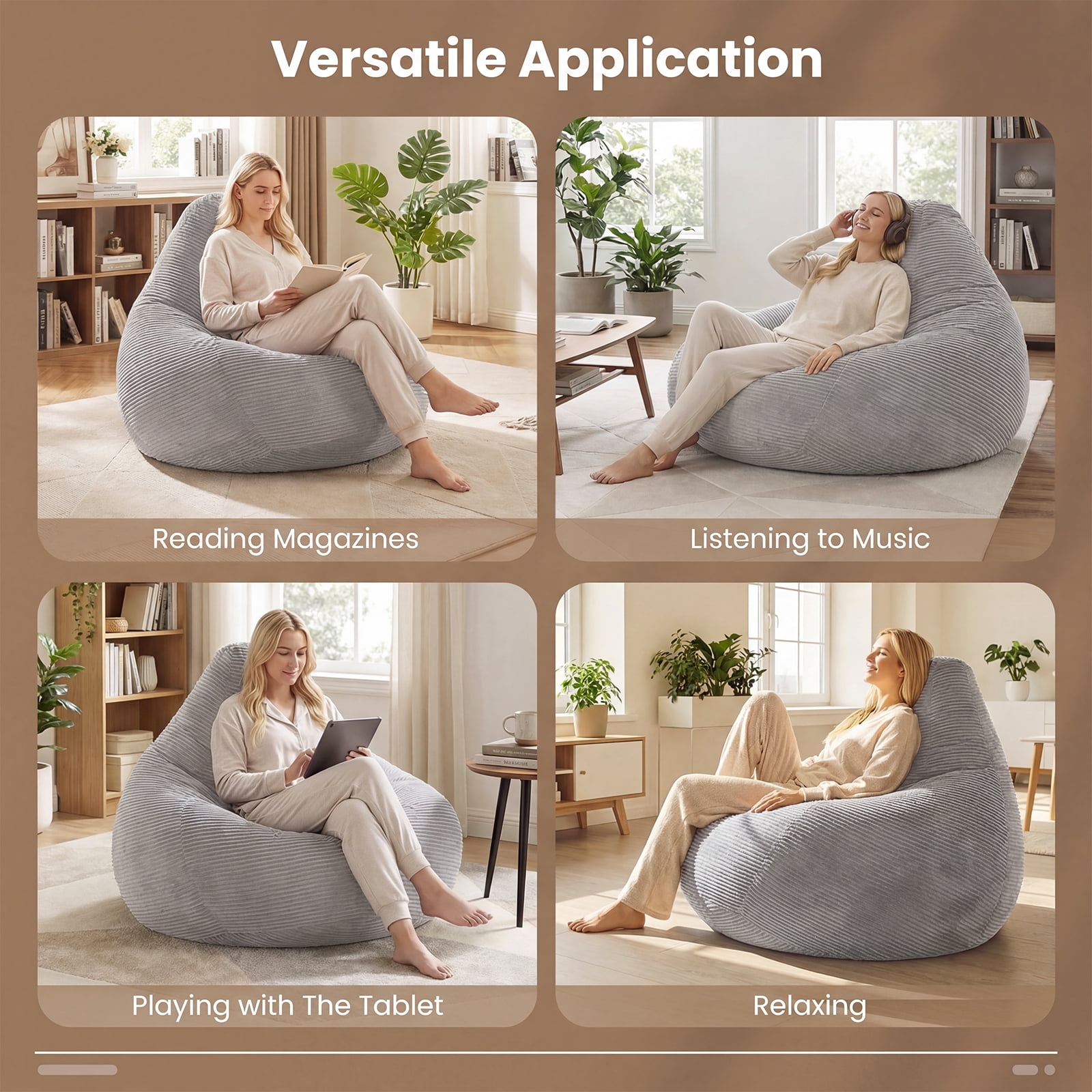 Costway Bean Bag Chair for Adults with Skin-friendly Corduroy Cover & Soft Sponge Filling Light Gray