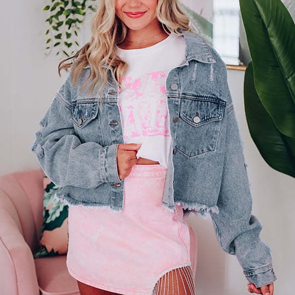 Vedolay Women's Denim Jackets Oversize Jeans Jacket Women Vintage Long Sleeve Basic Coat with Pocket,Blue S