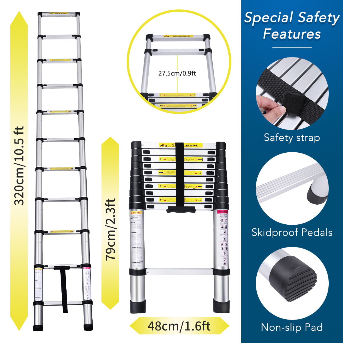 3.8M Telescopic Step Ladder Collapsed Adjustable Extension Lock Upstairs Hallway 