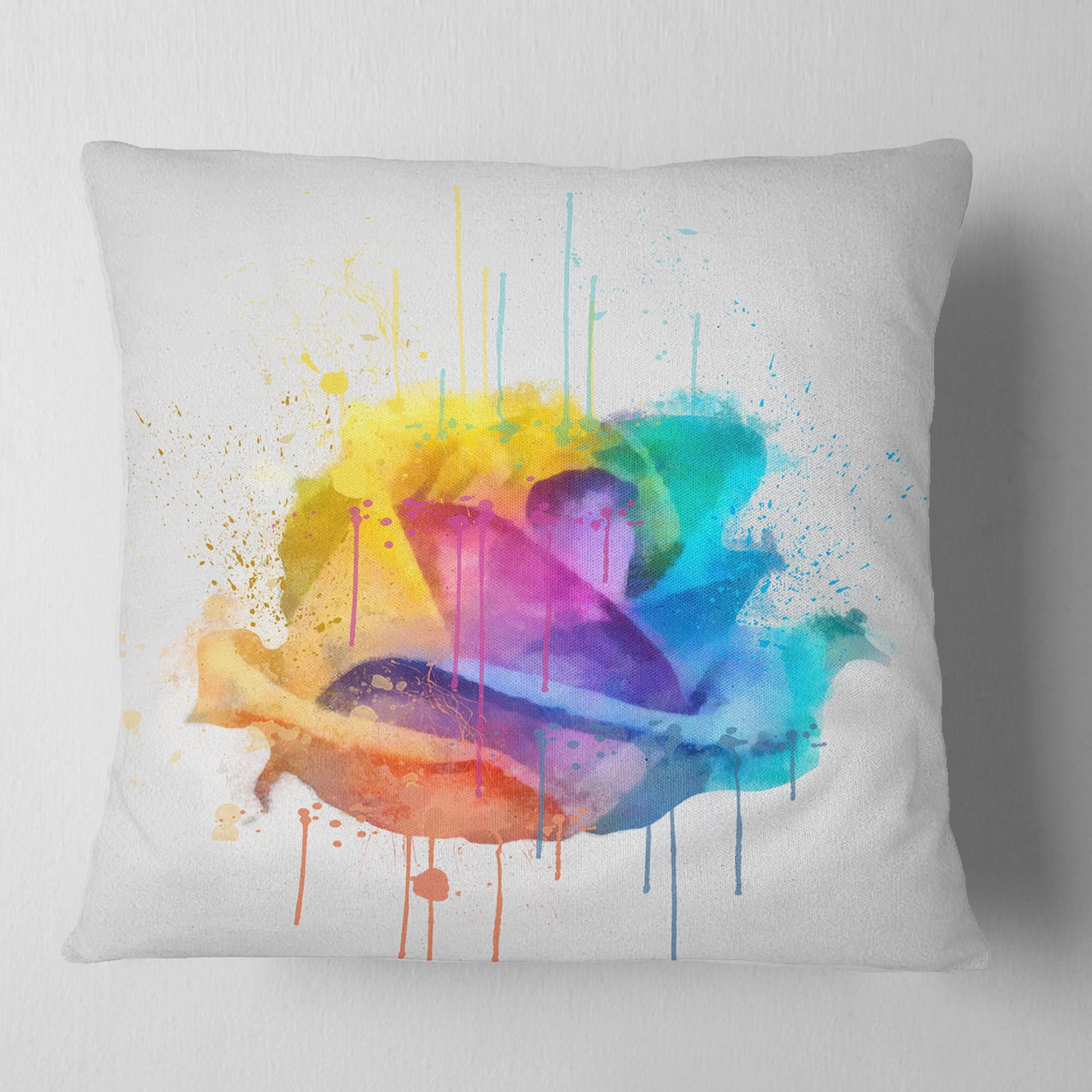 Designart Multicolor Rose with Color Splashes - Floral Throw Pillow - 18x18
