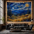 thumbnail image 6 of Hillside Village under a Swirling Crescent Moon Sky, Dramatic Illustration for Art Lovers, Night Landscape Decor, Housewarming Gift, Tapestry Wall Hanging for Studio and Den, 6 of 7