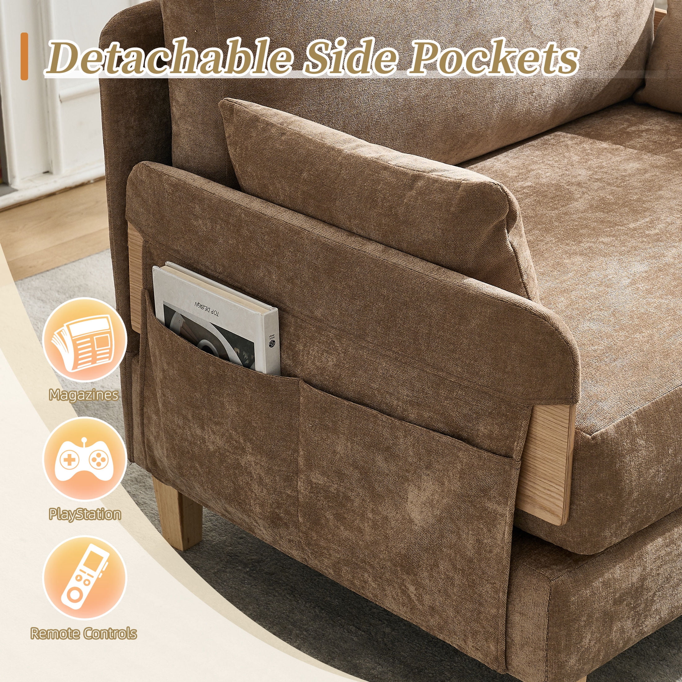 Noble House 3-in-1 Convertible Chenille Sofa Bed Chair, Foldable Sleeper Recliner with 3 Pillows, Light Brown