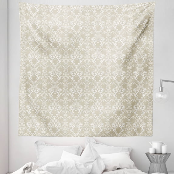 Beige Tapestry, Lace Inspired Floral Arrangement Traditional Foliage Pattern Ornate Romantic Design, Fabric Wall Hanging Decor for Bedroom Living Room Dorm, 5 Sizes, White Beige, by Ambesonne