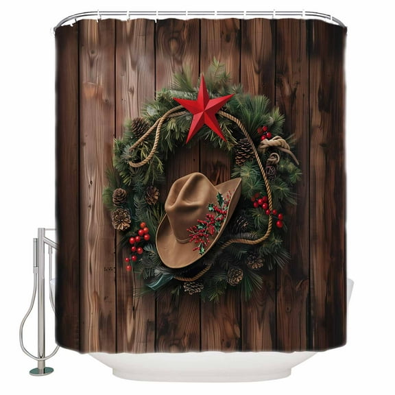 54x78 Inch Shower Curtain Decorative Western Christmas Bathtub Bath Curtains Fabric Waterproof Bathroom Decor Xmas Botanical Wreath Brown Small Stall Shower Curtain Set with 12 Hooks