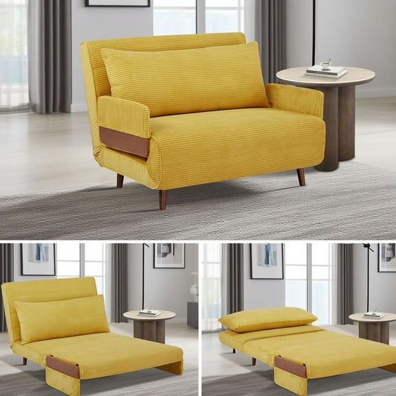 S-HOME 3-in-1 Convertible Sofa Chair Bed with Solid Beech Armrest – Upholstered Sleeper from Chair to Chaise Lounge, Compact for Small Spaces