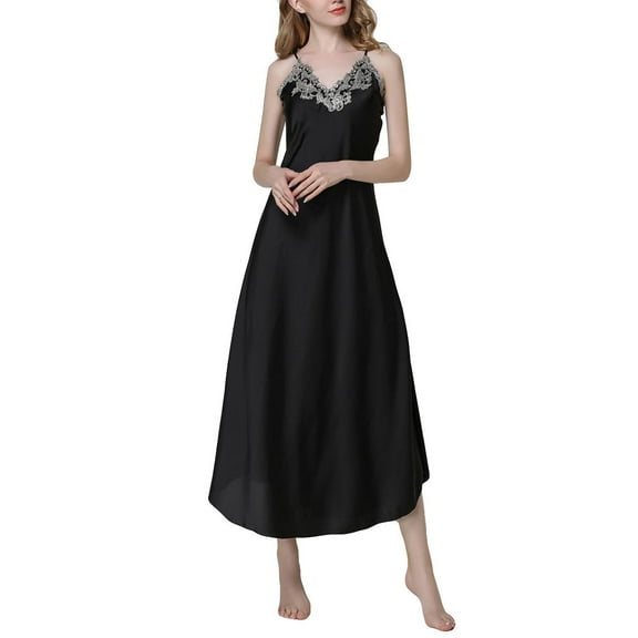 SWSMCLT Women's Sexy Chemise Nightgown Satin Slip Lingerie Adjustable Night Dress Low Back Valentines Day Comfy Sleepwear Black Large