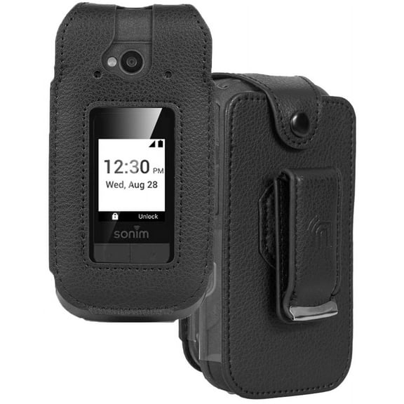 Case for Sonim XP3 Plus 5G Flip Phone, Nakedcellphone [Black Vegan Leather] Form-Fit Cover with [Built-In Screen Protection] and [Metal Belt Clip] for XP3plus (Model X320, Year 2025)