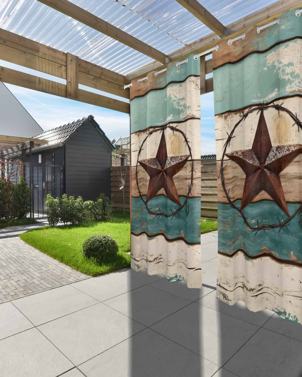 nqOlkjepod Outdoor Curtains for Patio Waterproof, Texas Star Outdoor Privacy Panels Grommet, Country Teal Brown Farmhouse Wooden Blackout Outside Curtains for Porch/Cabana/Pergola 54"x95", 2 Panels