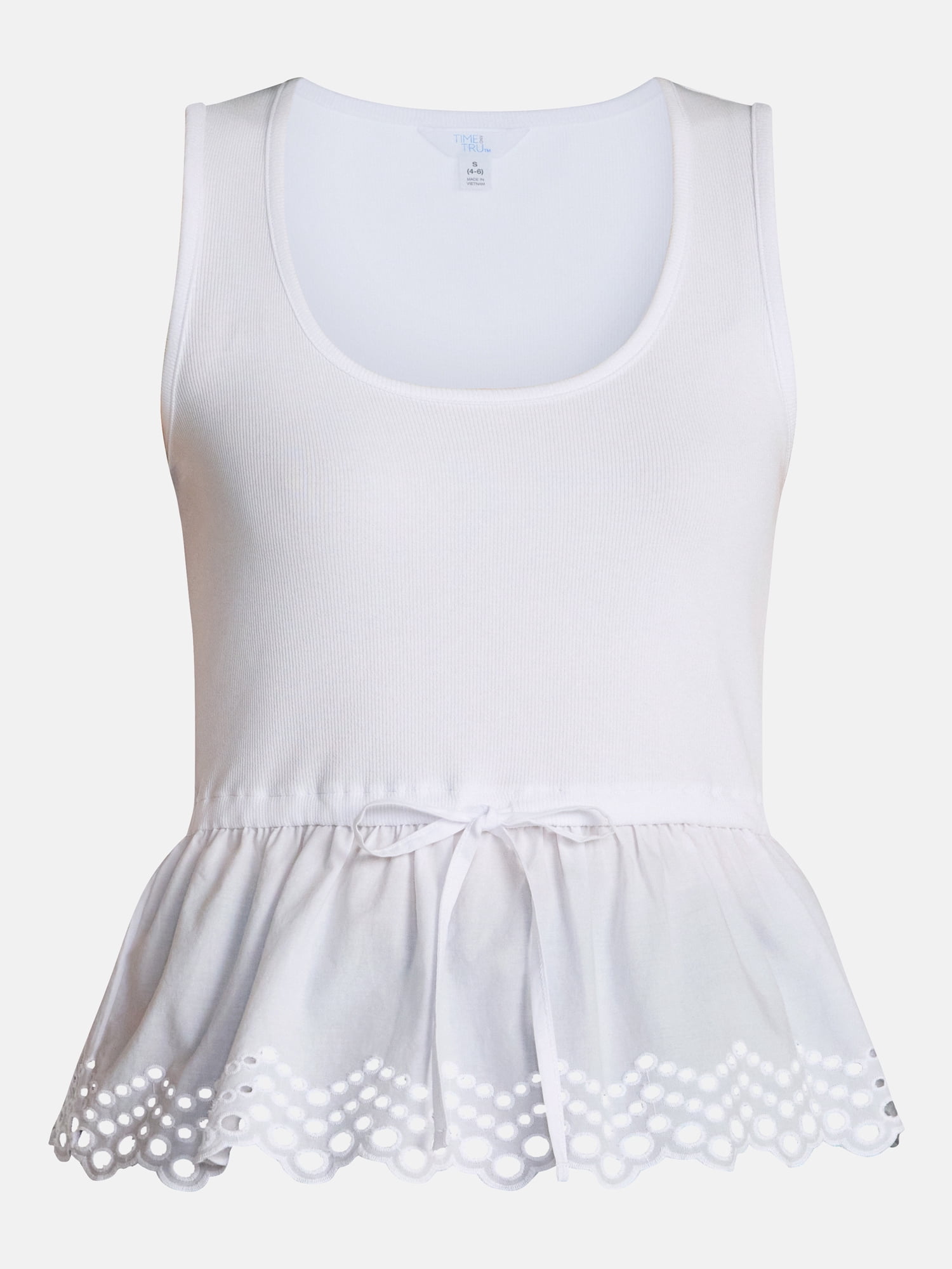 Time and Tru Women's Eyelet Trim Tank Top with Peplum Hem, Sizes XS-XXXL
