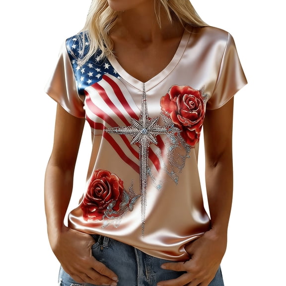 MEICHEN Women's V Neck Butterfly & Rose Print T Shirt Patriotic Glitter Graphic Casual Top