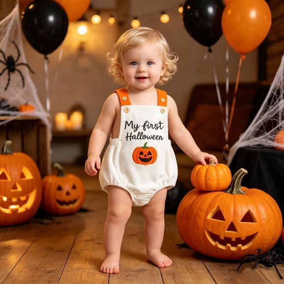 CUZIBR Girls Baby My First Halloween Romper Corduroy Sleeveless Strap Bodysuit Pumpkin Embroidery Newborn Infant Halloween Costume Outfit For Photo Props Party,White,3-6 Months