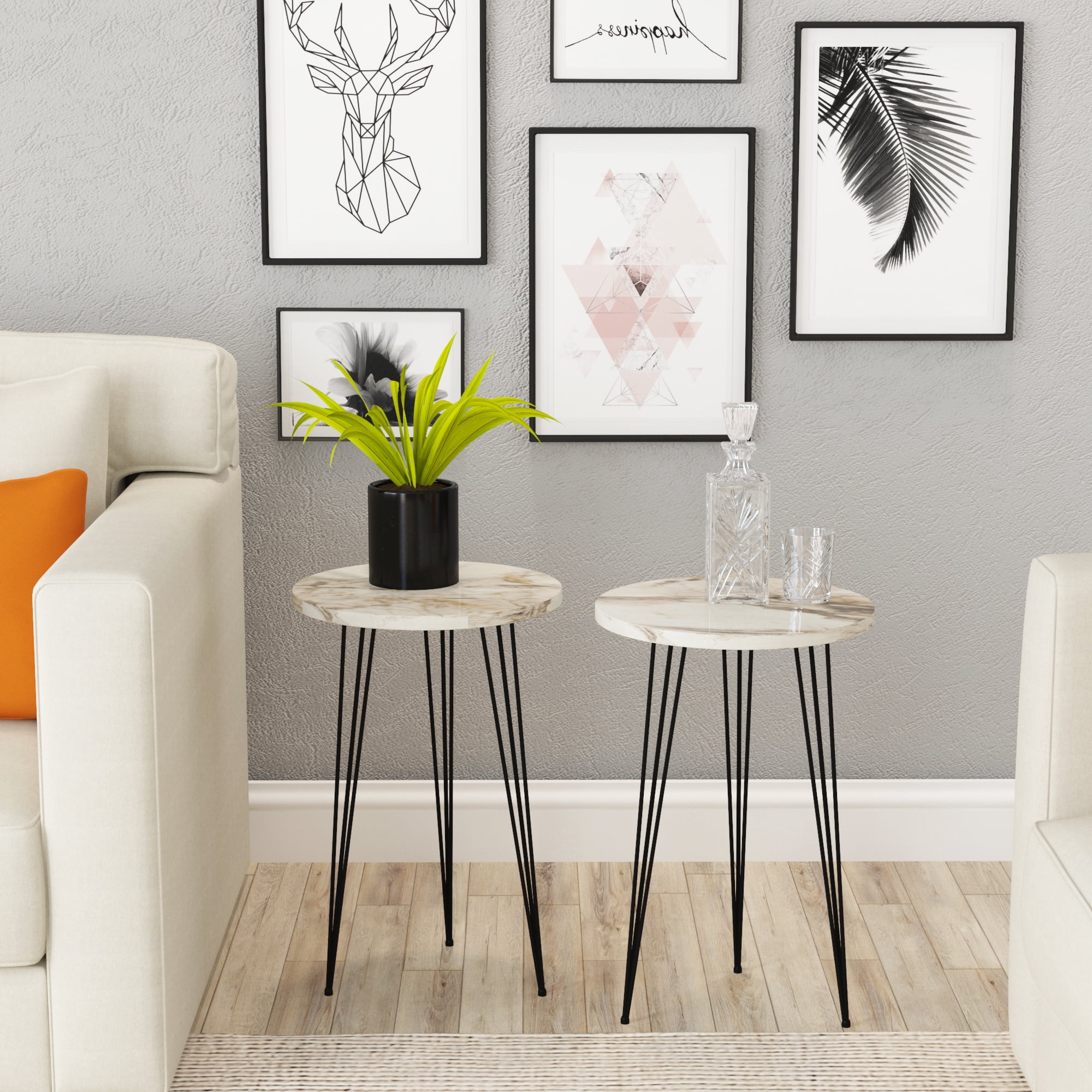 Set of 2 Marble Look Wood Round Side End Tables, White