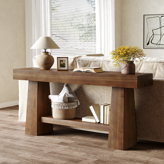 Finmind 63" Solid Wood Console Table, Wooden Sofa Table Behind Couch Entryway Table with Storage