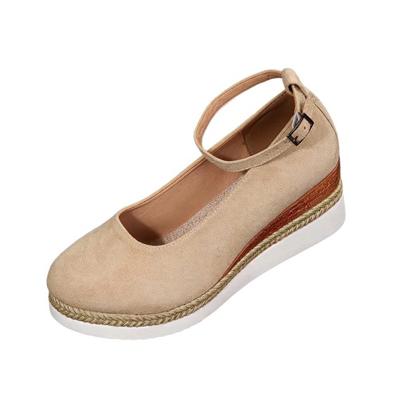CYMMPU Women's Round Toe Ankle Strap Espadrille Platform Flats, Adjustable Buckle Slip On Daily Casual Shoes Beige 39