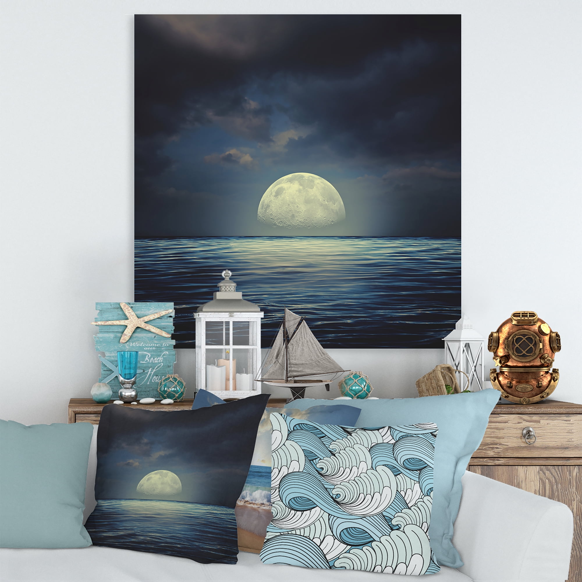 Designart ' Super Moon Over The Blue Sea ' Nautical & Coastal Canvas Wall Art Print