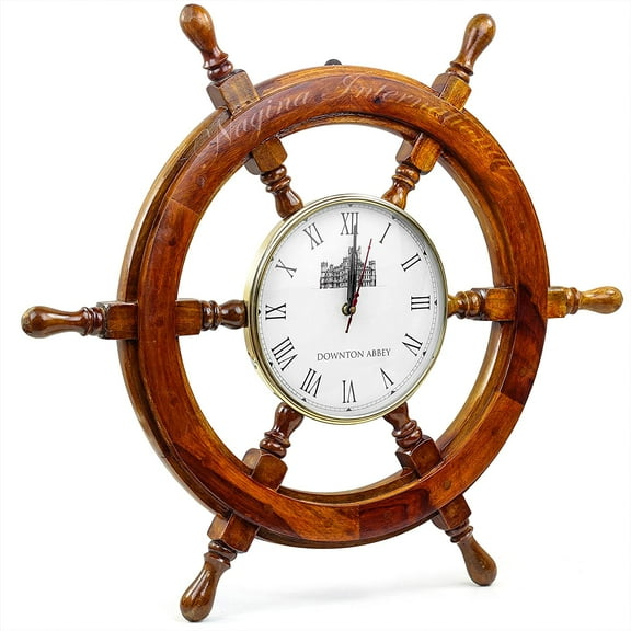 Nagina International Nautical Handcrafted Wooden Premium Wall Decor Wooden Clock Ship Wheels | Pirate's Accent | Maritime Decorative Time's Clock (24 Inches, Clock Size - 8 Inches)