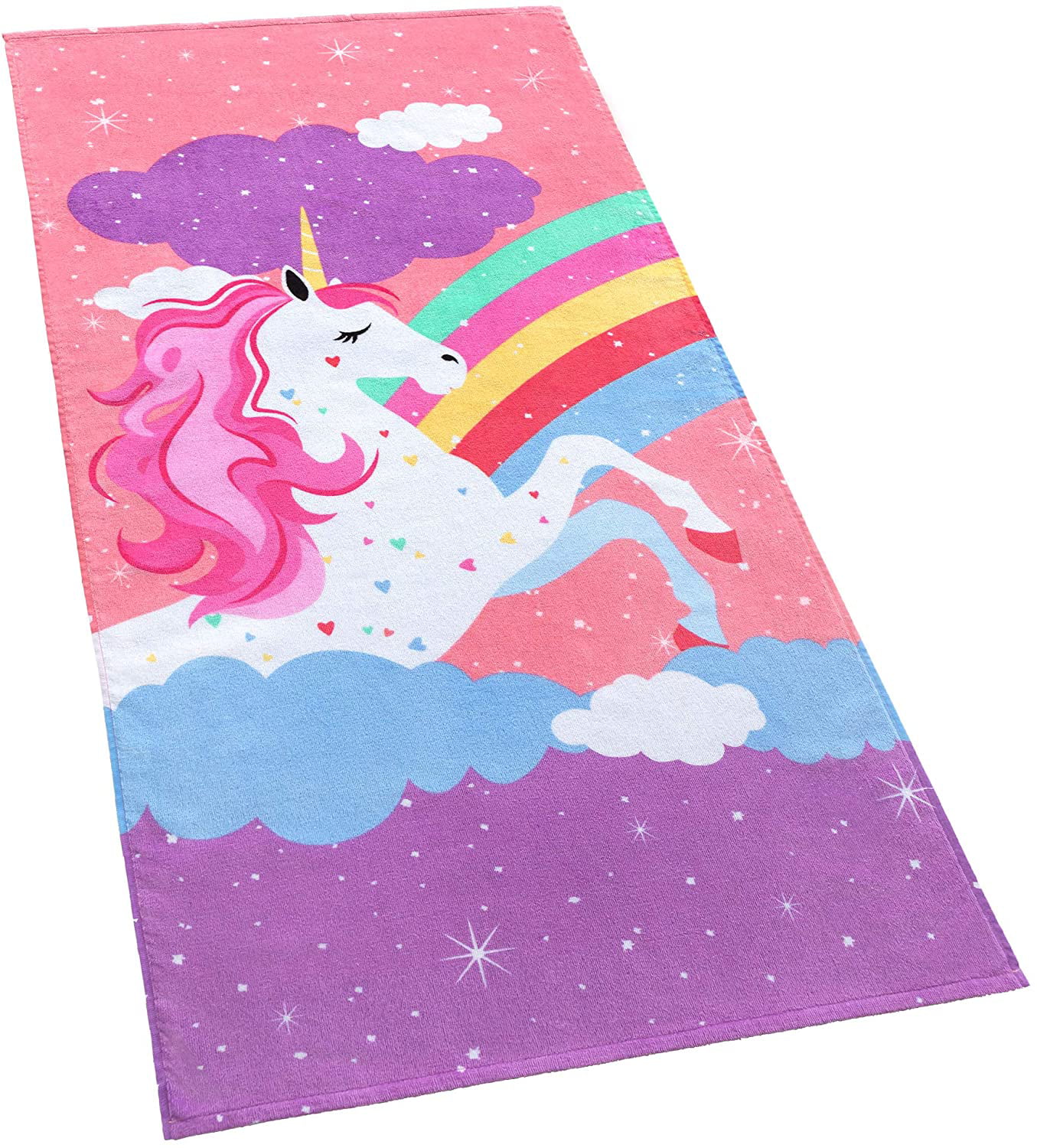 Love Unicorn and Stars Velour Beach Towel for Kids 28in x 55in 100% Cotton 