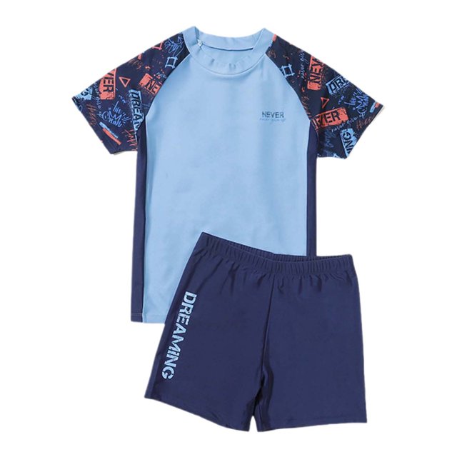 Toimothcn Boys Swimsuits Short Sleeve Oversized Patchwork Color Compression 2 Peice Bathing Suit Quickly Dry Soft Swimwear Comfy Summer Swimming Clothes