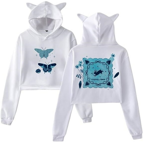 Chappell Roan Merch 2025 World Tour Butterfly Print Cat Ear Hoodie Women's Long Sleeve Fashion Sweatshirt,2XL,White