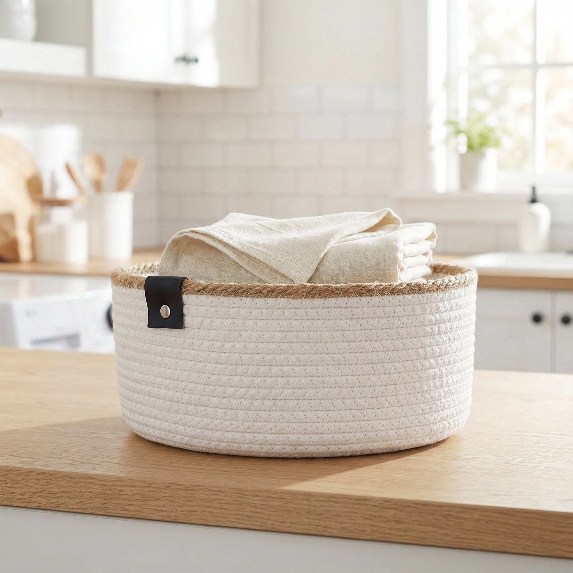 Unique Bargains Woven Storage Basket for Key Tray Bowl White-Brown 8.3*8.3*3.5in