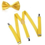Men's Solid Color Pre-tied Adjustable Bowtie Y-Back Clip Suspenders Set for Wedding (Yellow)