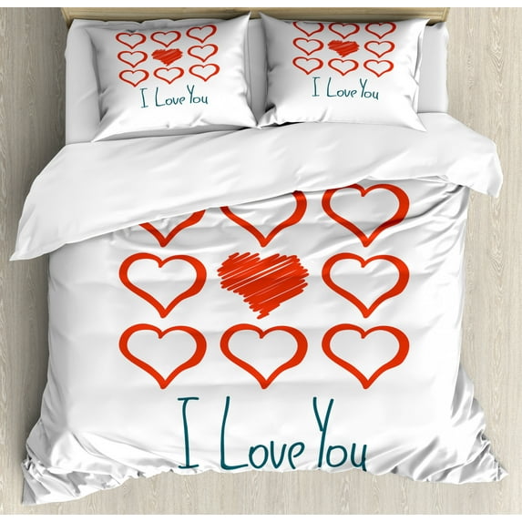 Romantic Duvet Cover Set King Size, Hand Drawn Style Red Hearts Set with Scribble with I Love You Lettering, Decorative 3 Piece Bedding Set with 2 Pillow Shams, Dark Blue Red White, by Ambesonne