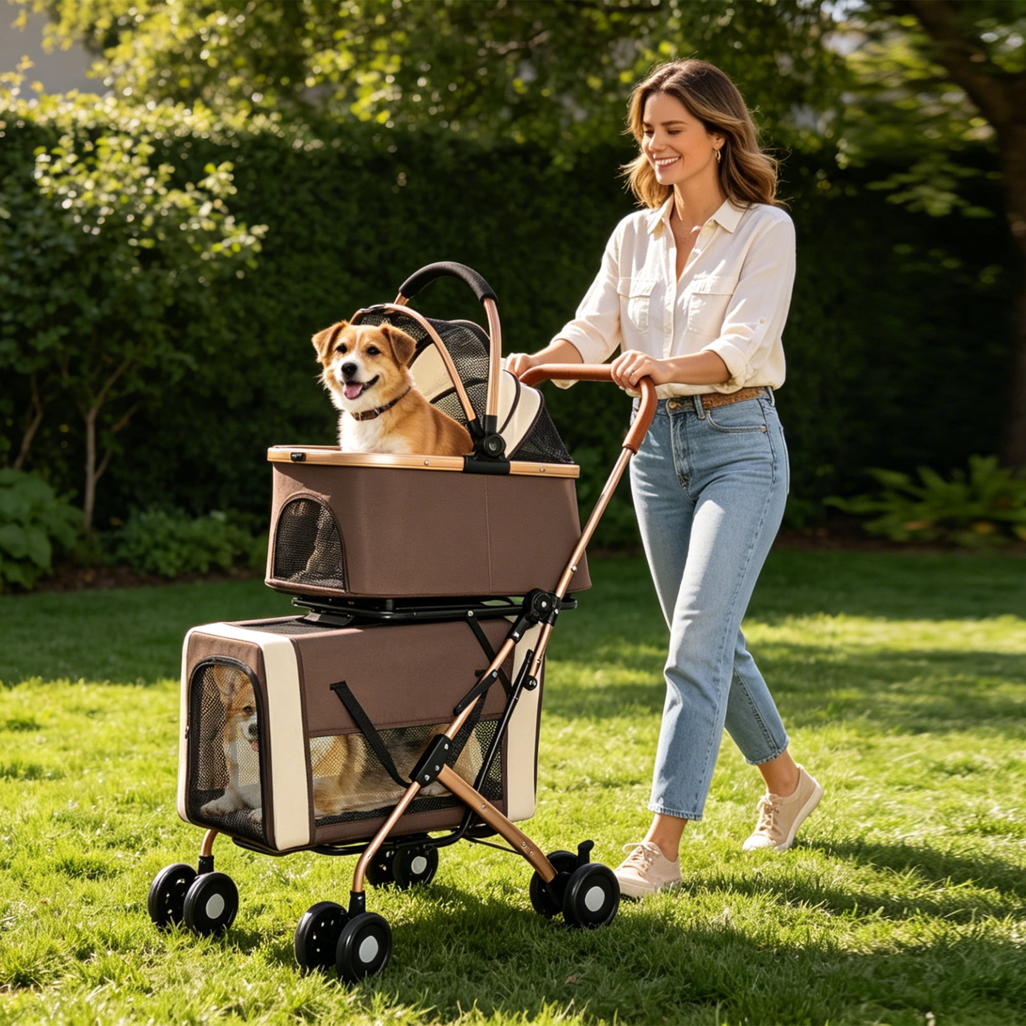 3-in-1 Double Layer Pet Stroller with Detachable Baskets & Handbag, Each Layer Holds 15 LBS, Shockproof 360° Swivel Lockable Wheels, Dual-Button Foldable for Small Dogs Cats Rabbits