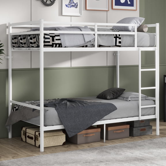 Dolonm Twin over Twin Metal Bunk Bed, Heavy Duty Frame Bunk Bed with Raised Safety Guardrail and Fixed Ladder, Noise Free, White